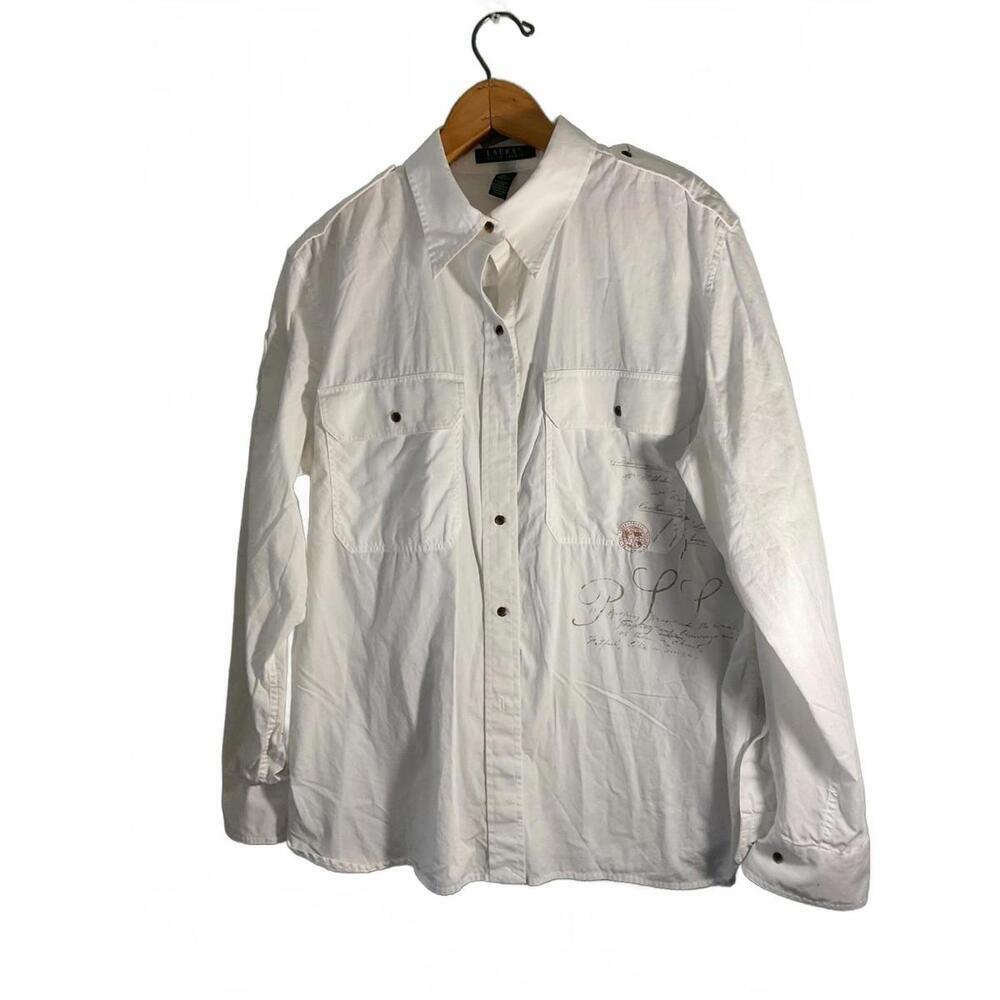 Lauren Ralph Lauren White Button-Up Shirt with Writing Flap Pockets, Emblem XL